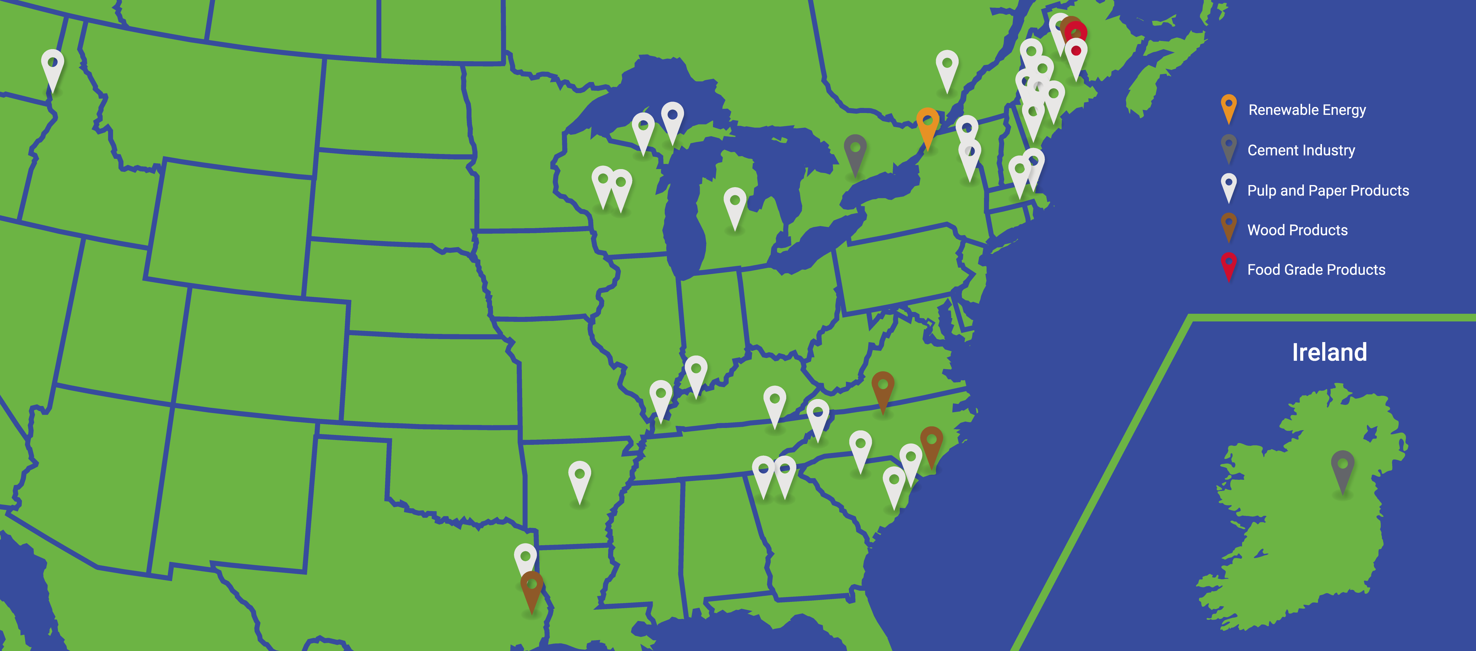 A map depicting the various areas KEAN services, from Maine to Ireland.